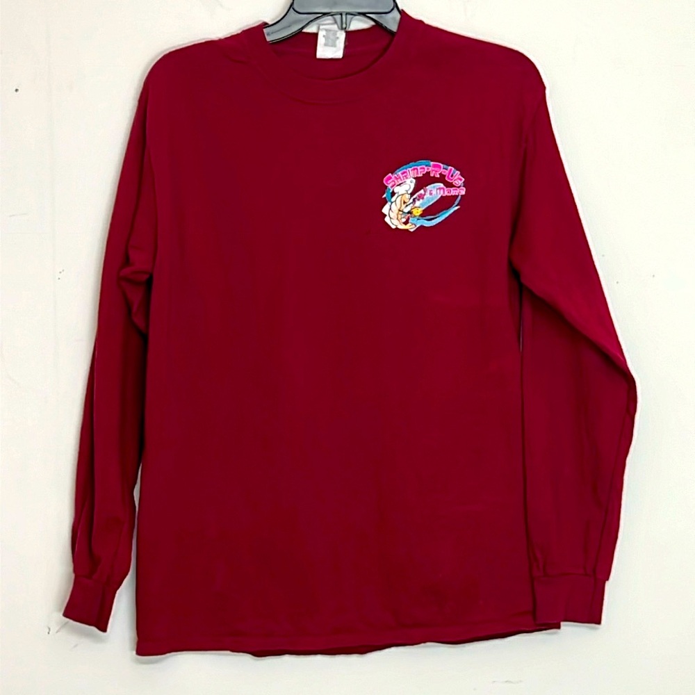 🌞 Gildan Heavy Cotton maroon long sleeve crew neck 2 side graphic tee unisex M